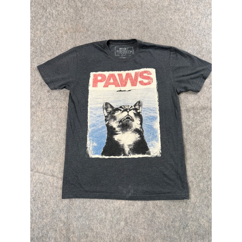 Riot Society T Shirt Mens Medium Gray Poly Cotton Paws Cat Graphic Parody Tee